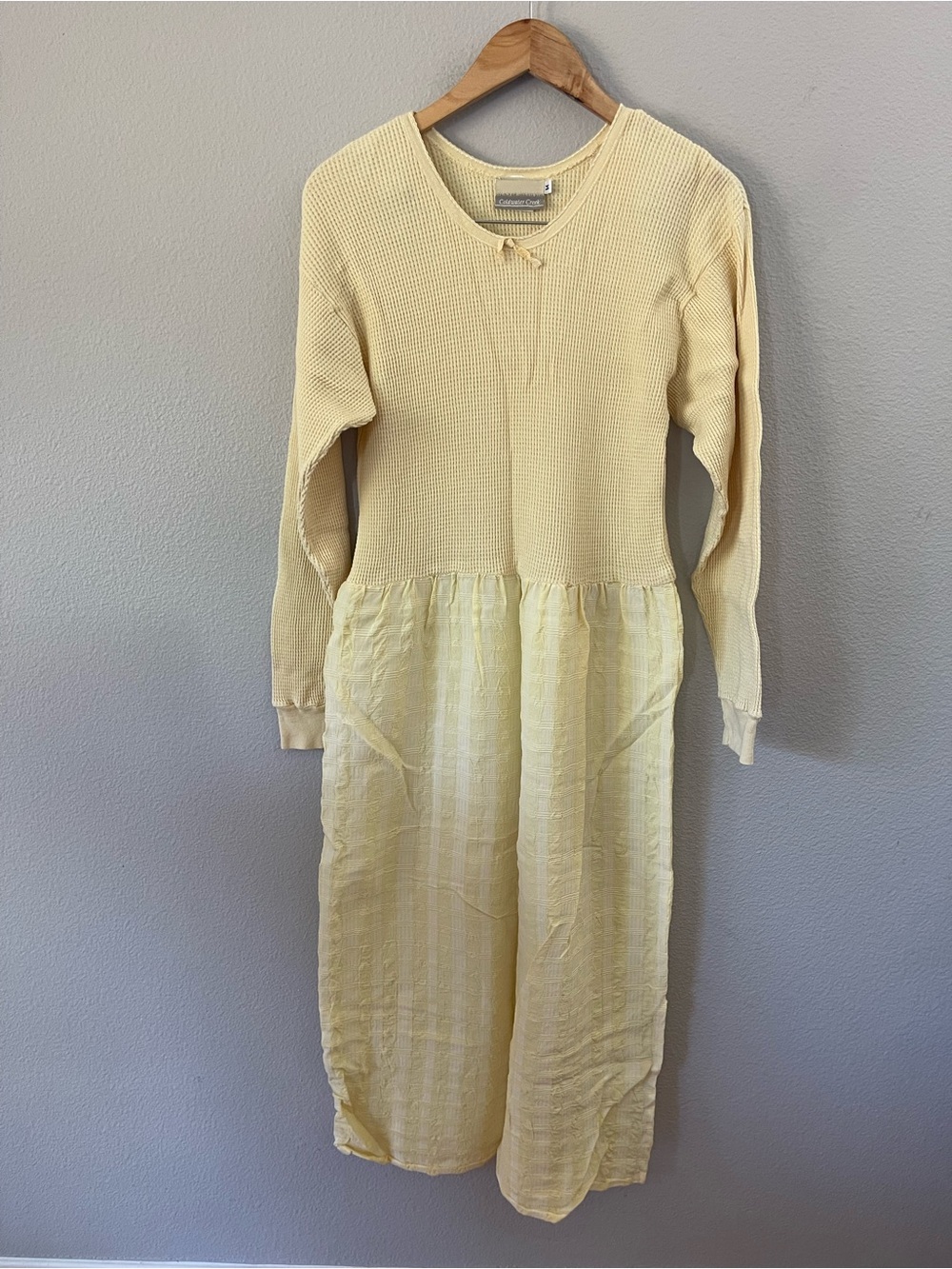 Vintage Coldwater Creek Dress Butter Yellow Waffle Knit Bodice Midi Size M